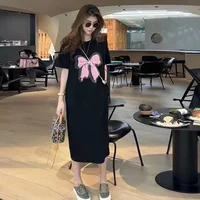 Summer Simple Casual Oversize Short Sleeve Dress Women Korean Sweet Style Bow Print Loose Round Neck MIDI Dress 2