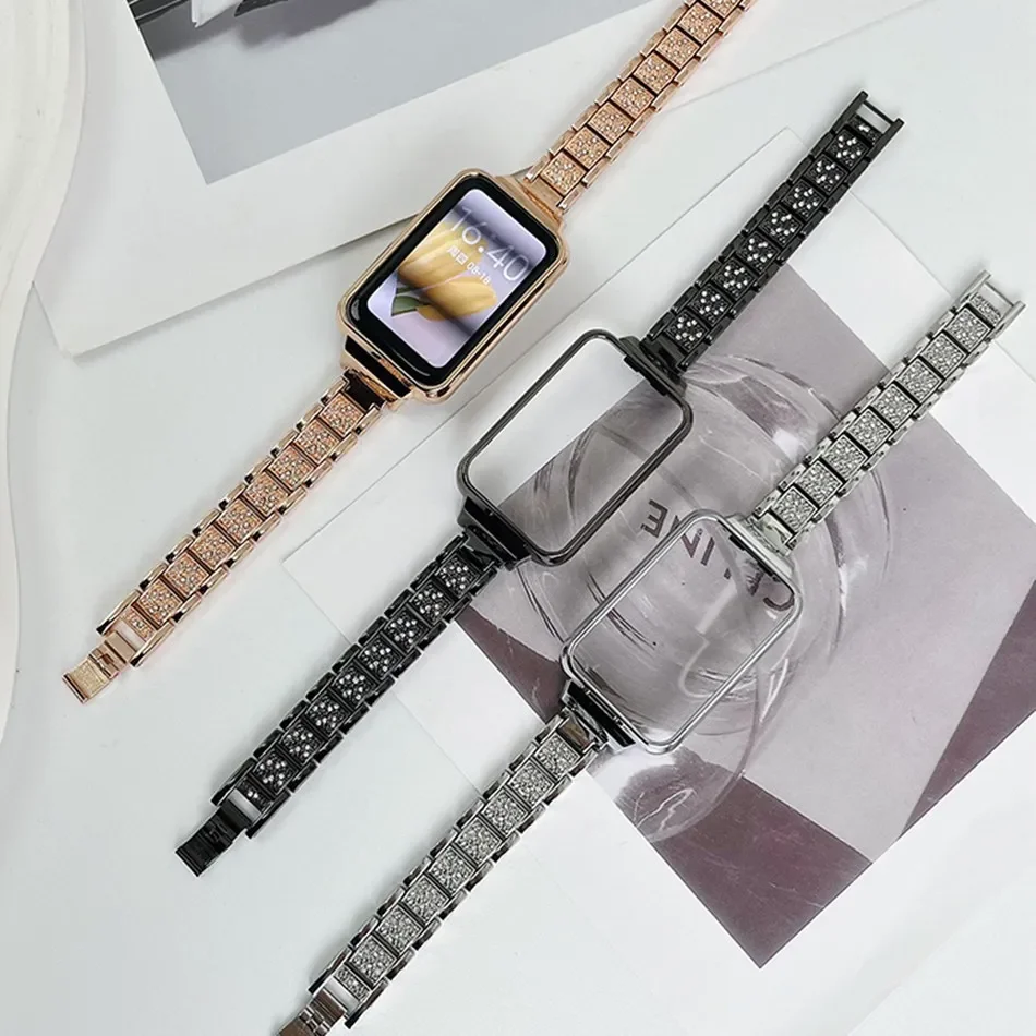 สายรัดข้อมือสำหรับวง Xiaomi Mi 7 สายนาฬิกา Pro พร้อมเคสโลหะหรูหรากลิตเตอร์เพชรสร้อยข้อมือสแตนเลสสำหรับ Miband 7 Pro