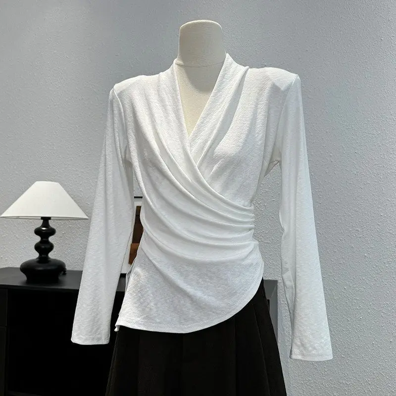 plus Size V-Neck Crossbody Elegant Long Sleeve T-Shirt Women's Fashion Slimming Base Layer Top with Waist Cinch Korean Style