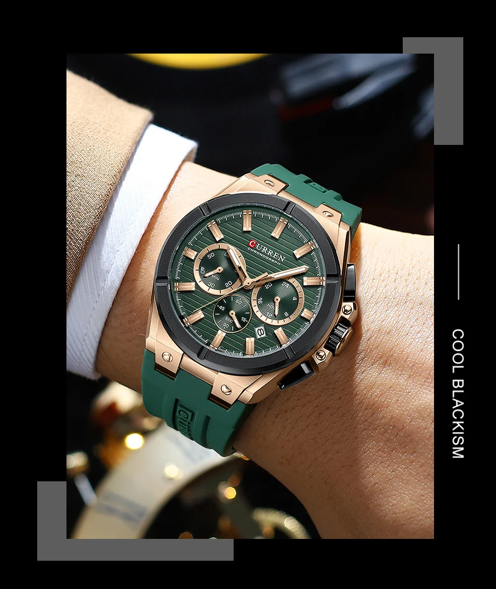 CURREN Herren-Luxus-Chronographenuhr mit 44-mm-Gehäuse, modische Quarz-Armbanduhr, lässiges Sport-Silikonarmband mit automatischem Datum. – Detail 12