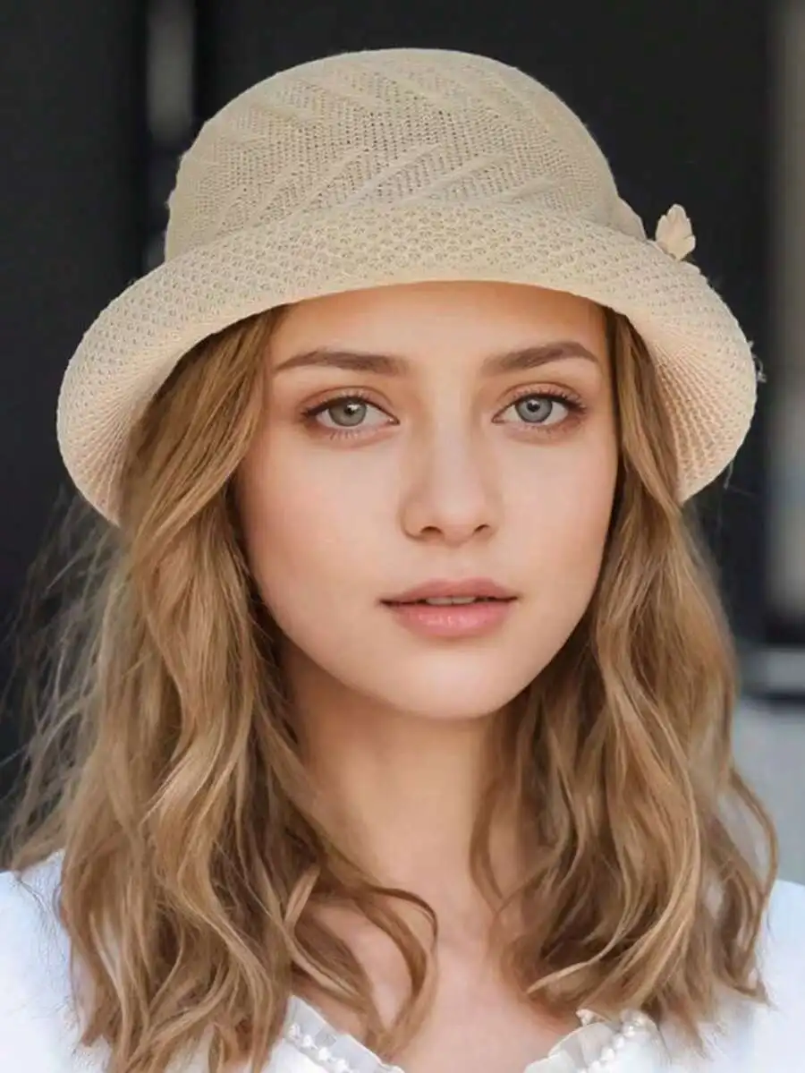 Women's Elegant Retro 3D Floral Decor Rolled Brim Straw Hat Lightweight Hollow Crochet Bucket Hat Sun Protection Hat
