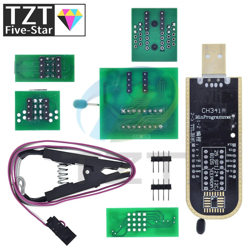 TZT CH341A CH341B 24 25 Series EEPROM Flash BIOS USB Programmer Module + SOIC8 SOP8 Test Clip For EEPROM 93CXX / 25CXX / 24CXX