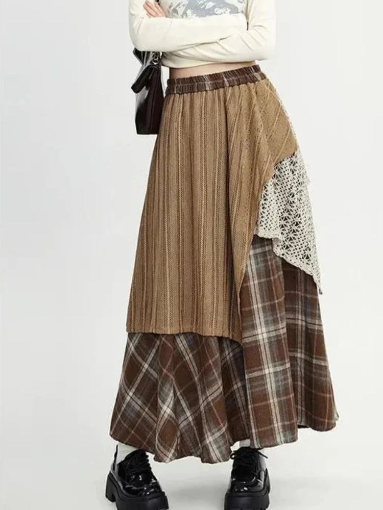 Women Clothing Skirts Retro Half-length Skirt Lace Patchwork Elastic Waist Slimming Mid-length A- Line Plaid Casual Women Skirt