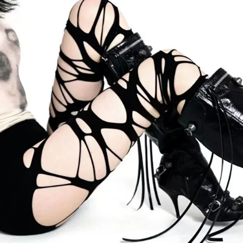 Y2K Unregelmäßige Hohl Fishnet Strumpf Gothic Baumwolle Sexy Elastische Dehnbare Schwarz Punk Knie Socke Einfarbig Zerrissene Strümpfe