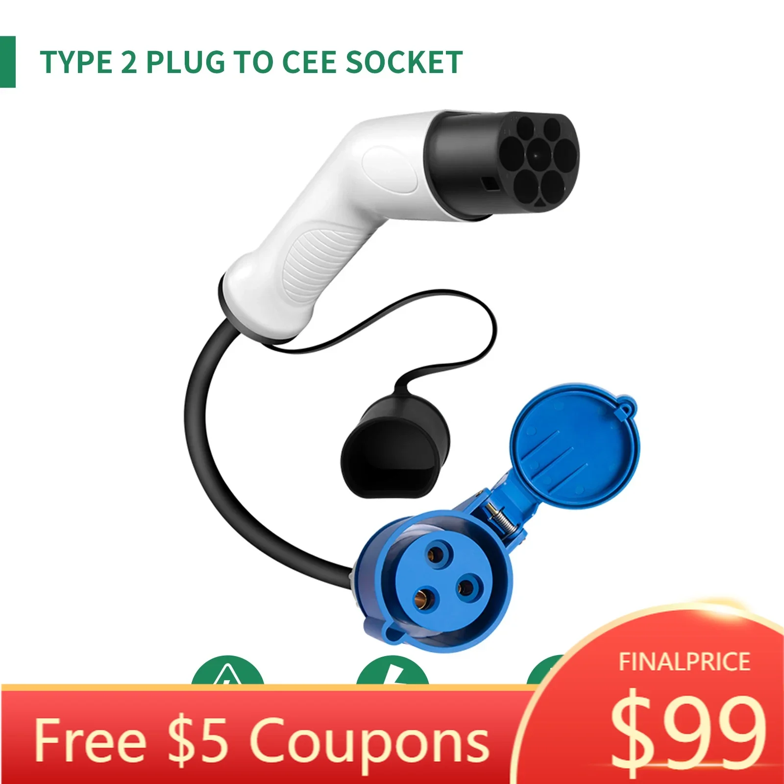 

TYPE2 to CEE EV Adapr Type2 Plug Cee Socket EVSE Charger Connecr Converr 32A for Electric Car Charging Scket
