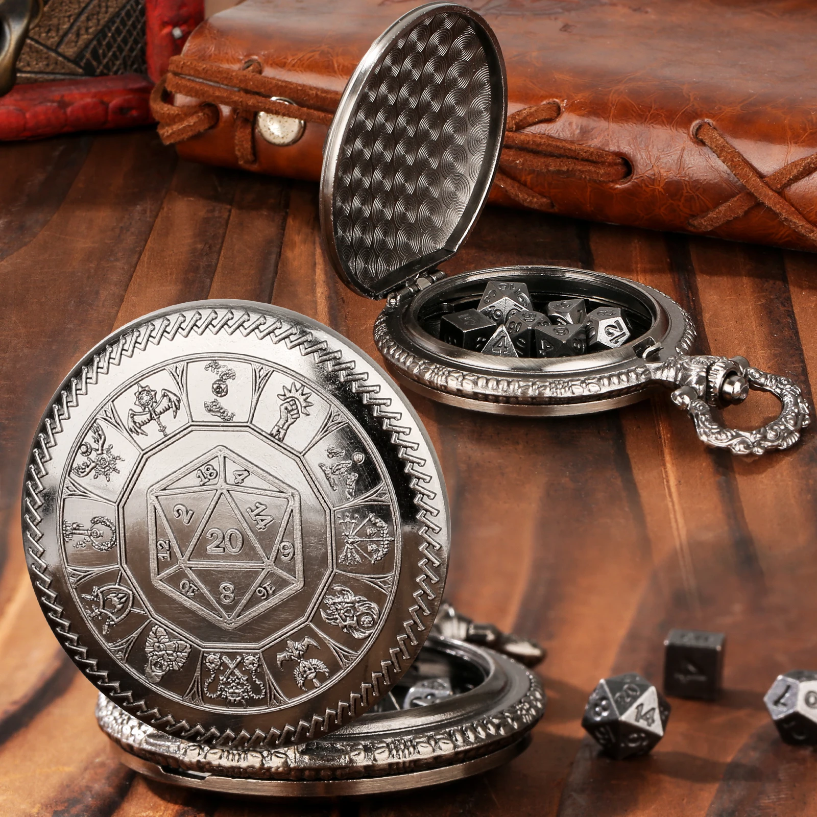 5pcs Metal D20 Polyhedral Dice Pocket Watch Case Mini Dice Set Vintage Fob Chain Pendant Gift for Role-playing Game Lovers - view 3