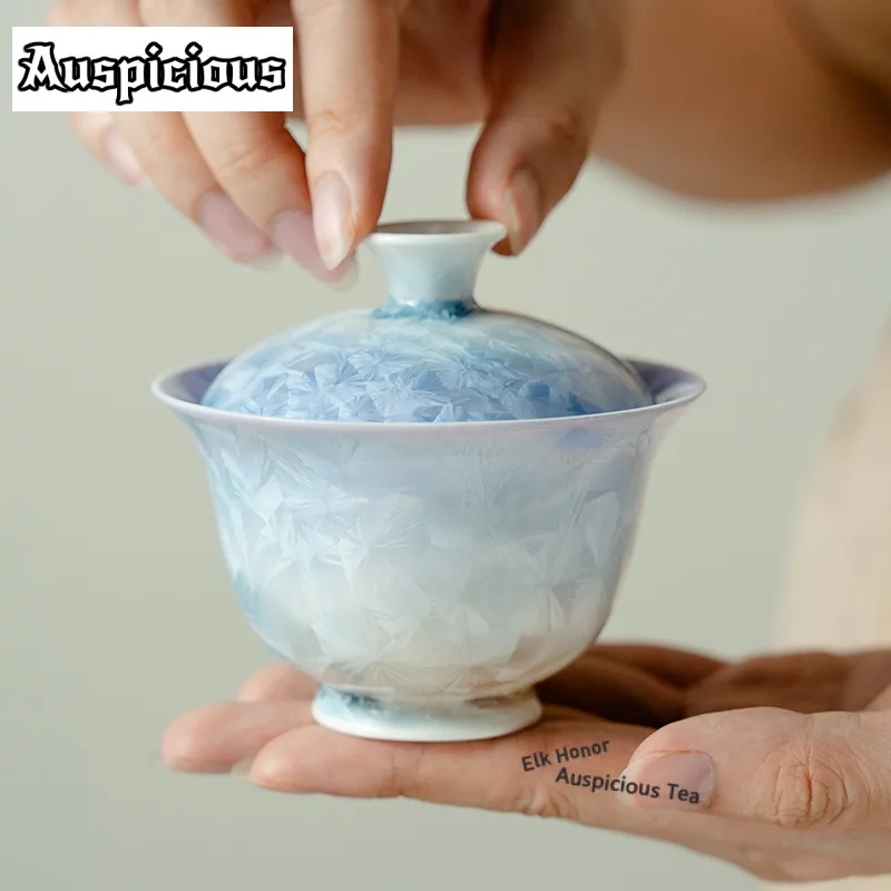 

150 мл Небесно-голубая хрустальная глазурь ручной работы Гайвань Эстетическая чайная варенья Чаша для чая с крышкой Набор для приготовления чая Крышка Чаша Предметы для чая Ремесло