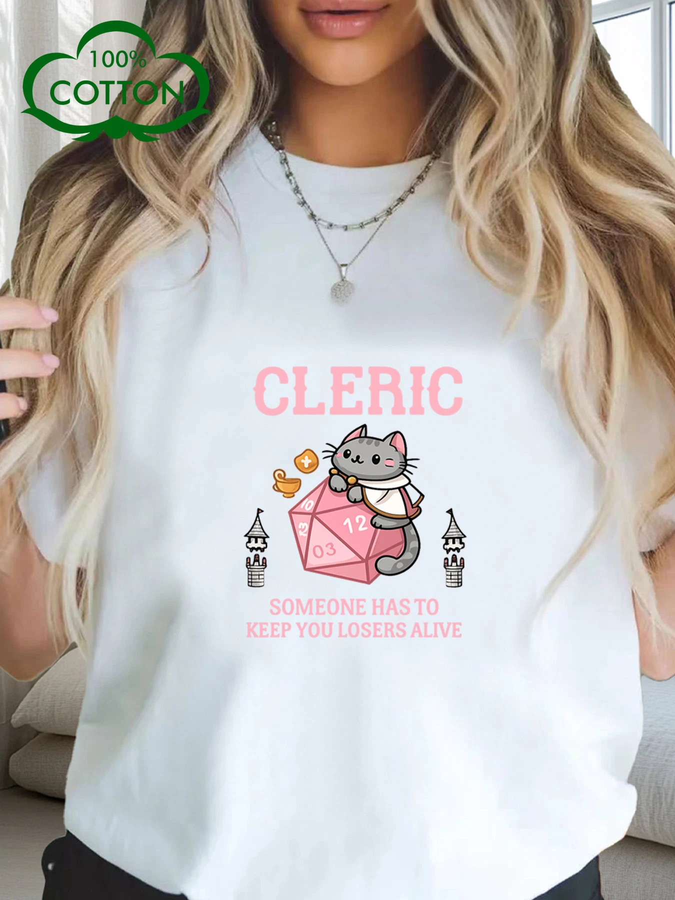 Women’s crew-neck short-sleeve T-shirt featuring a cute cat priest design with a D20 die—perfect for fantasy gaming