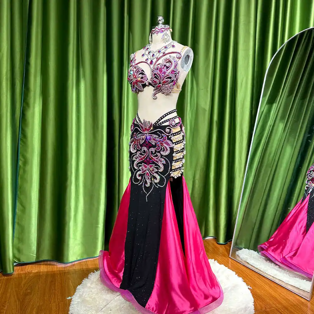 Customized Eastern Belly Dancewear Women Clothes Tassel Belly Dancing Bra Skirt Belt Oriental Dance Costume Group Stage Suit Set