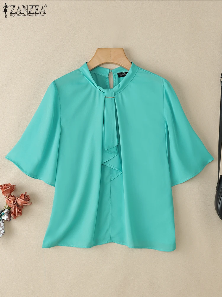 ZANZEA Commute Office Womens Blouses 2025 Summer Fashion Half Flared Sleeves Elegant Smock Top Tie-Neck Solid Color Blusas Mujer