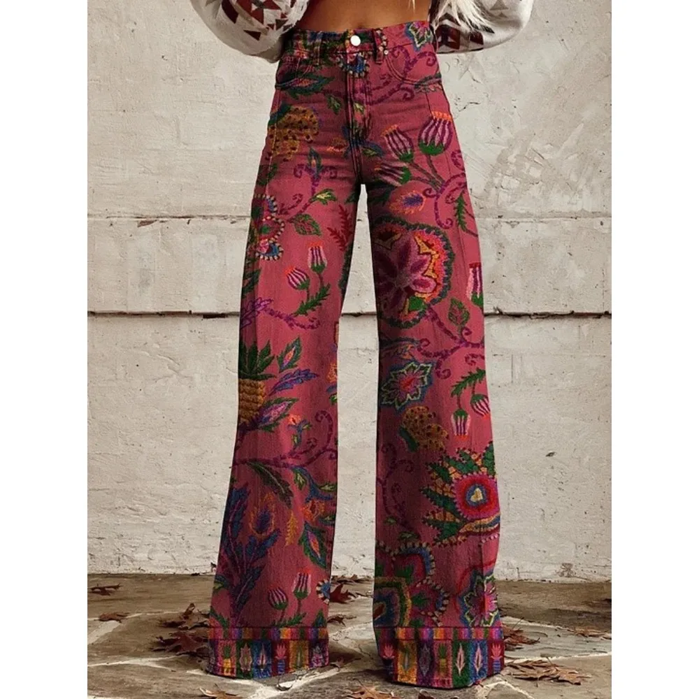 Harajuku Bohemian Art Print Palazzo-Hose mit hoher Taille und weitem Bein, Baumwolle, lässige, locker sitzende Hose mit Taschen, Damen-Punk-Hose – Detail 7