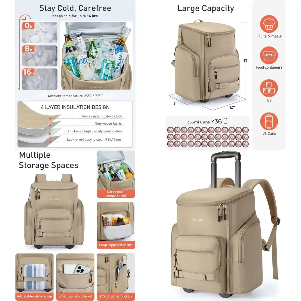 

Изолированный водонепроницаемый рюкзак-холодильник на колесиках для 36 банок — идеально подходит для пляжа, кемпинга, пикников и путешествий