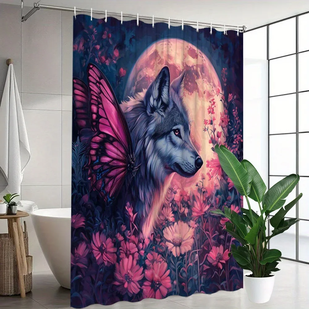 

1 шт. Занавеска для душа Mystical Wolf — дизайн полной луны и розовых цветов, реалистичный серый мех, мечтательное ночное небо, полиэстер, домашний декор, I