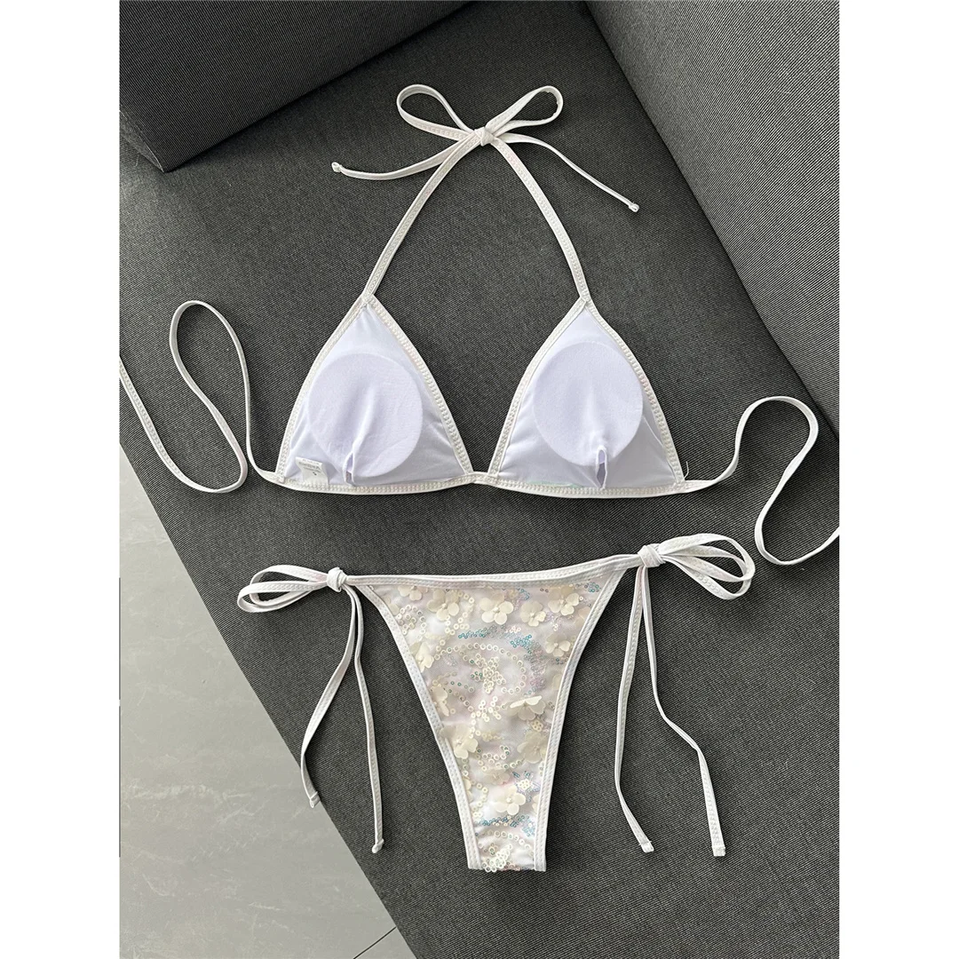 Bedruckter Bikini mit Pailletten, Neckholder-Design, Damen-Badebekleidung, zweiteiliger Bikini, hoher Beinausschnitt, Badeanzug, Badebekleidung, Modell V8237. – Detail 9