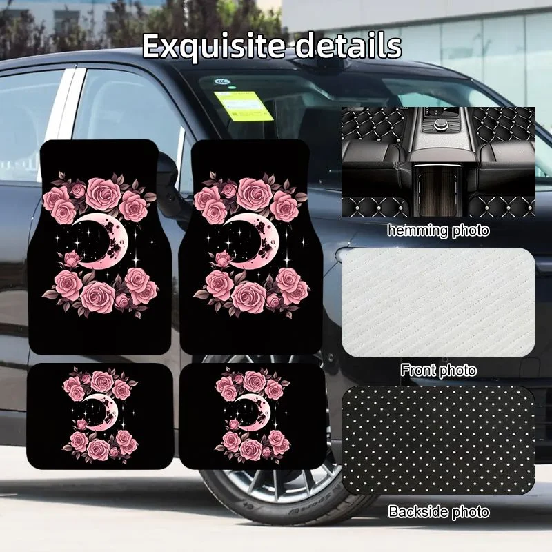 4Pcs Pink Rose Moon Black Car Floor Mats Gothic Floral Style Anti-slip Waterproof Foot Liners Auto Interior Accessories Suit SUV view 6