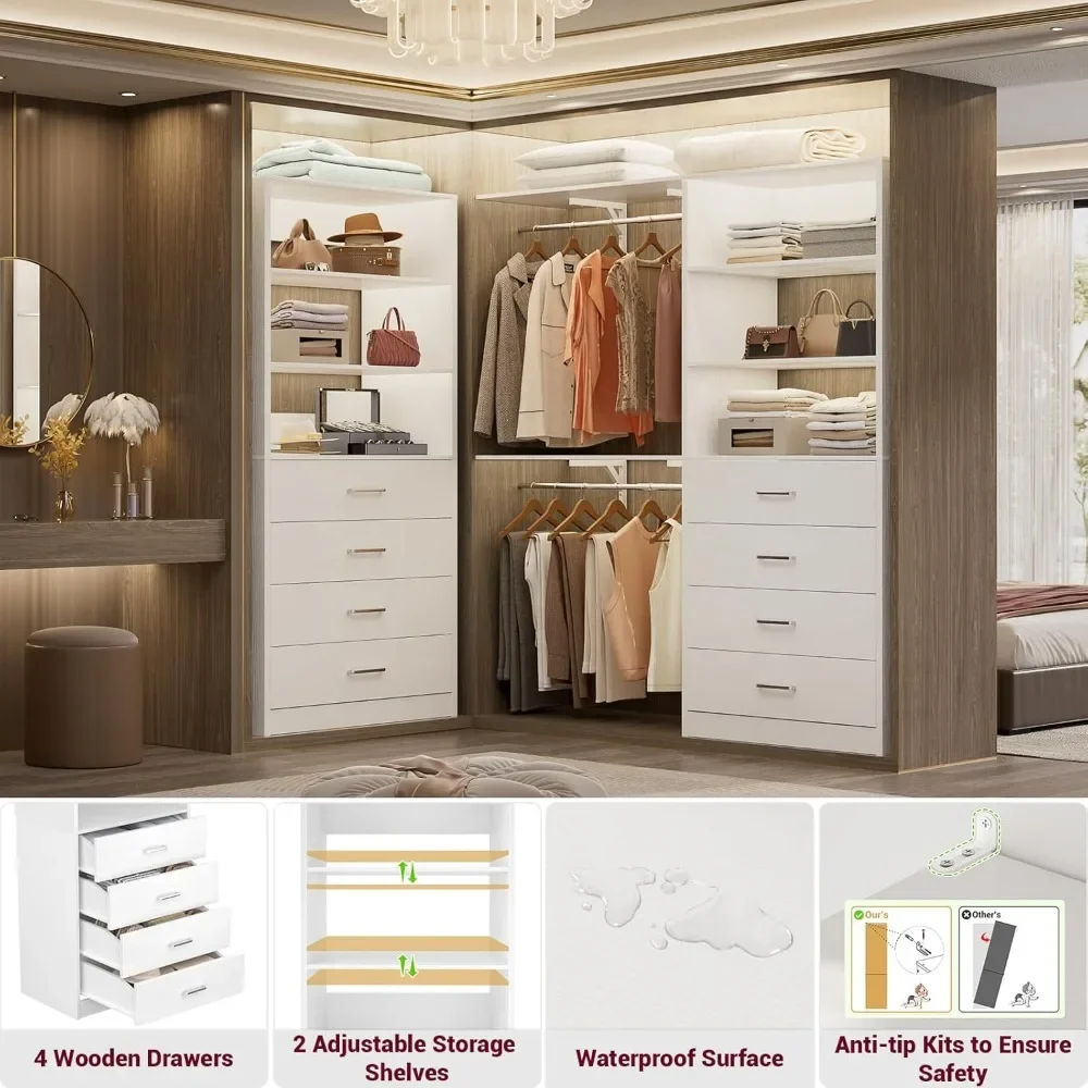 2025-NEW-2025-NewCloset Drawers System، نظام تنظيم الخزانة الخشبية مقاس 21.3 بوصة مع 4 أدراج، وحدة تخزين نظام الخزانة المشي