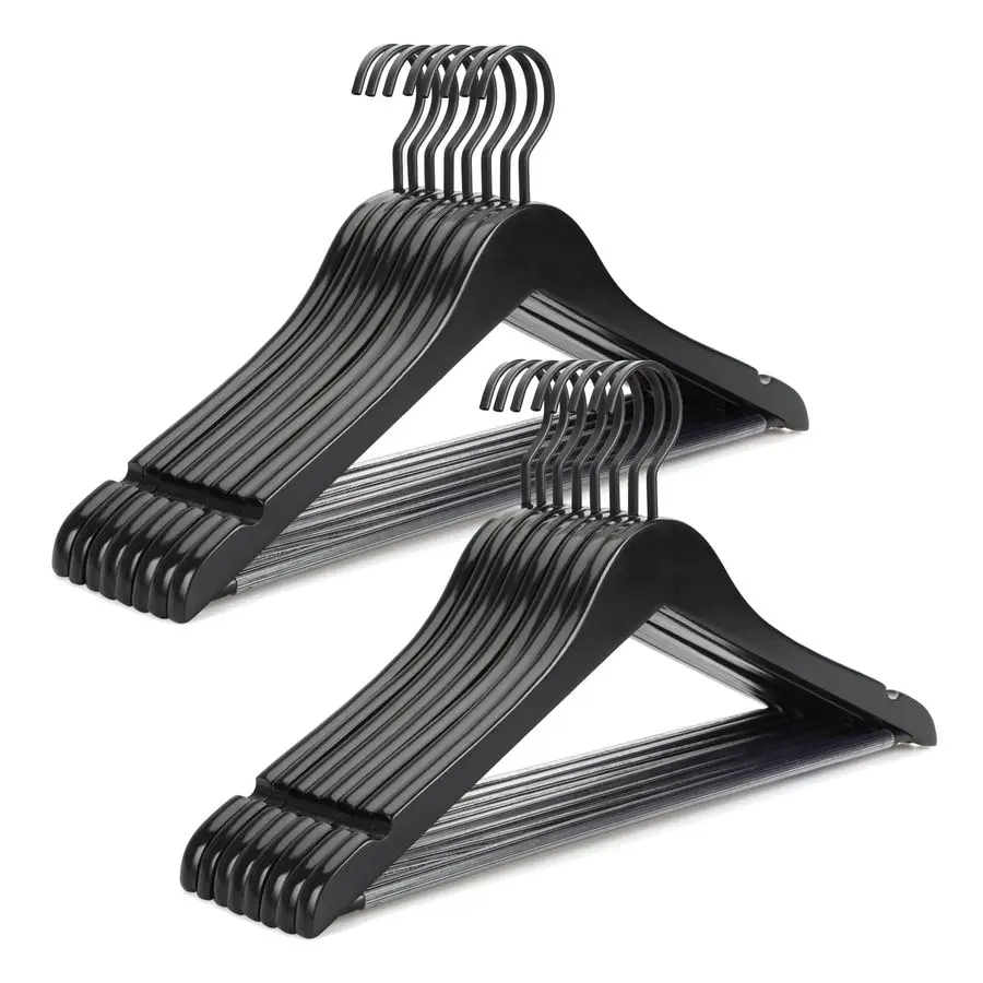 

Премиальные деревянные вешалки, роскошные вешалки для бутиков из дерева с утолщенным крючком и нескользящей планкой для брюк, сверхпрочные вешалки для пальто с N-образным крючком.