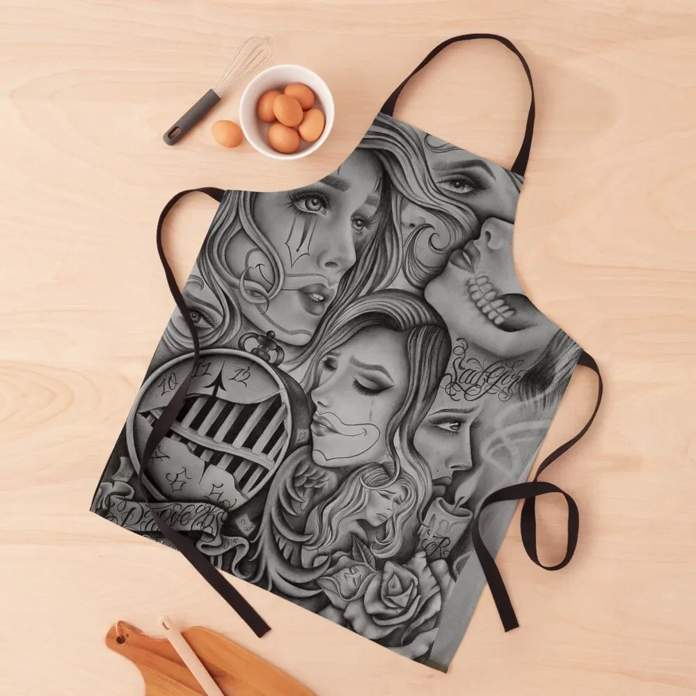 Sad eyes chola clown , Chicano art , black and grey art Apron Women's Kitchen Smock for hairdressing Apron