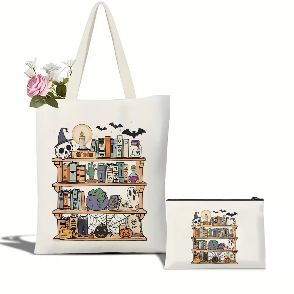 Halloween Library  Canvas Tote Bag Large Capacity Shopping Bags Ghost Books Female Shoulder Handbag Girl Handbags