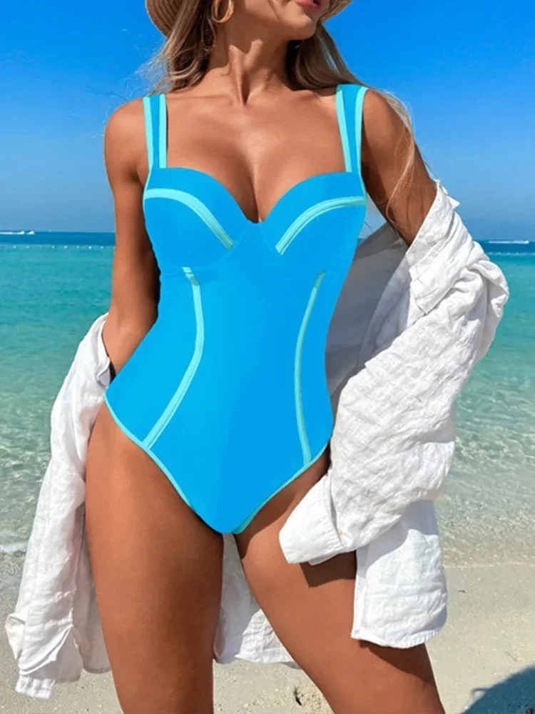 Traje de baño Sexy de una pieza ajustado con cuello en V, traje de baño a la moda para mujer, Bikini de playa de cintura alta, nuevo traje de baño de verano 2025, traje de baño de una pieza