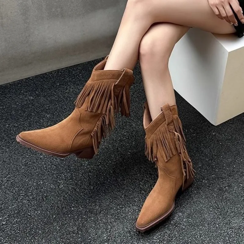 

2025 New Women's Suede Vintage Fringed Western Boots Womens Round Head Medium Heel Mid Boots Thick Heel Knight Boots Botas Mujer