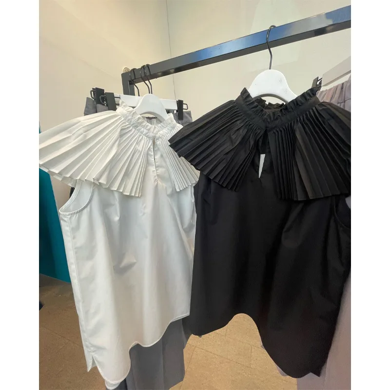 

Новая модная тонкая универсальная рубашка, простые офисные женские блузки во французском стиле, японские блузки, однотонные милые блузки без рукавов с рюшами в стиле меньшинств