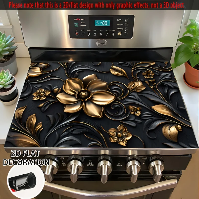 Golden Floral Print Stove Top Cover Mat, Non‑Slip Washable Cooktop Protector Pad Household Kitchen Electric Stove Decor