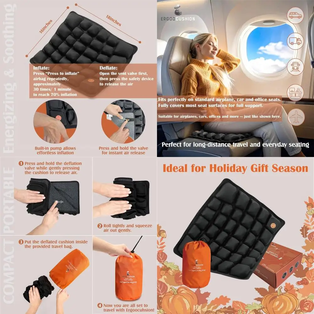 

Portable Inflatable Travel Seat Cushion with Pump, Adjustable Firmness, Tailbone and Back Support, Carry Bag Included