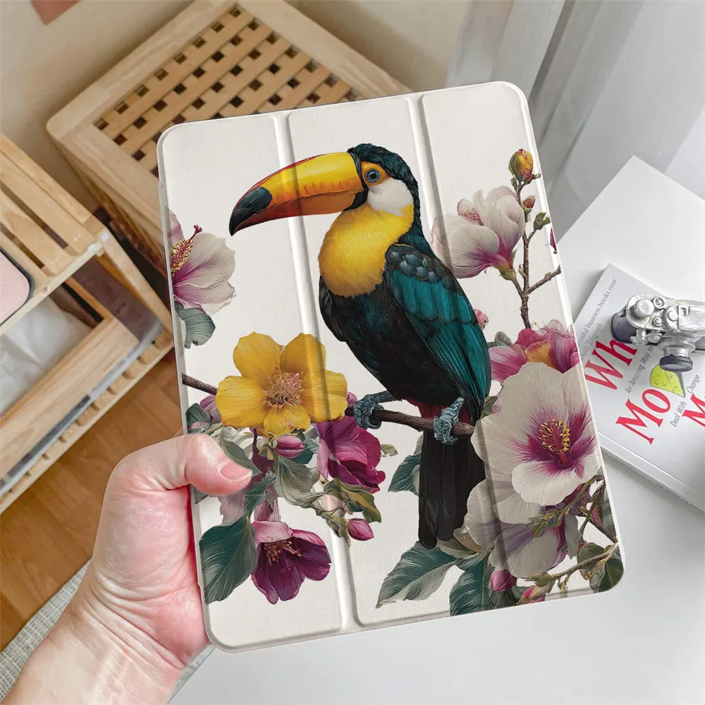 

With Pencil Holder Case for iPad Air 11 2024 M4 Pro 13 12.9 11-in Smart Cover for iPad 11th A16 2025 Toucan pattern print shell
