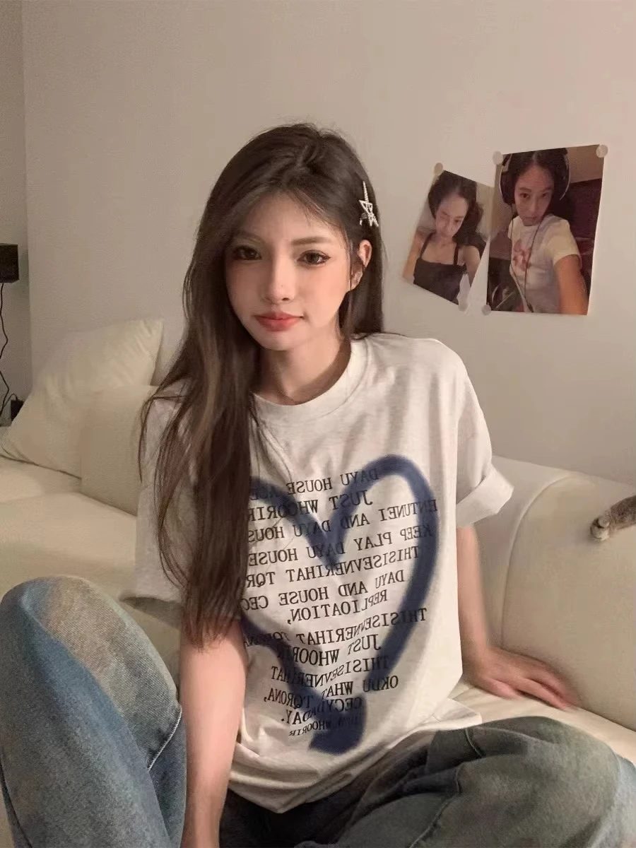 Koreańska Wyprzedaż Lato Nadruk Liter Okrągły Dekolt Krótki Rękaw T-shirt Damski 100% Czysta Bawełna Casual Modny Top