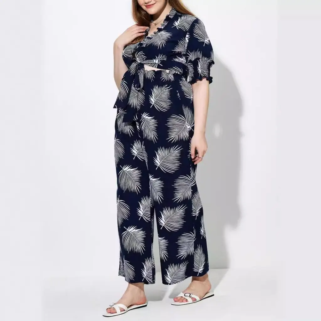 

Модный женский брючный костюм больших размеров с гавайским принтом и короткими рукавами, костюм в европейском и американском стиле, летнее новое поступление