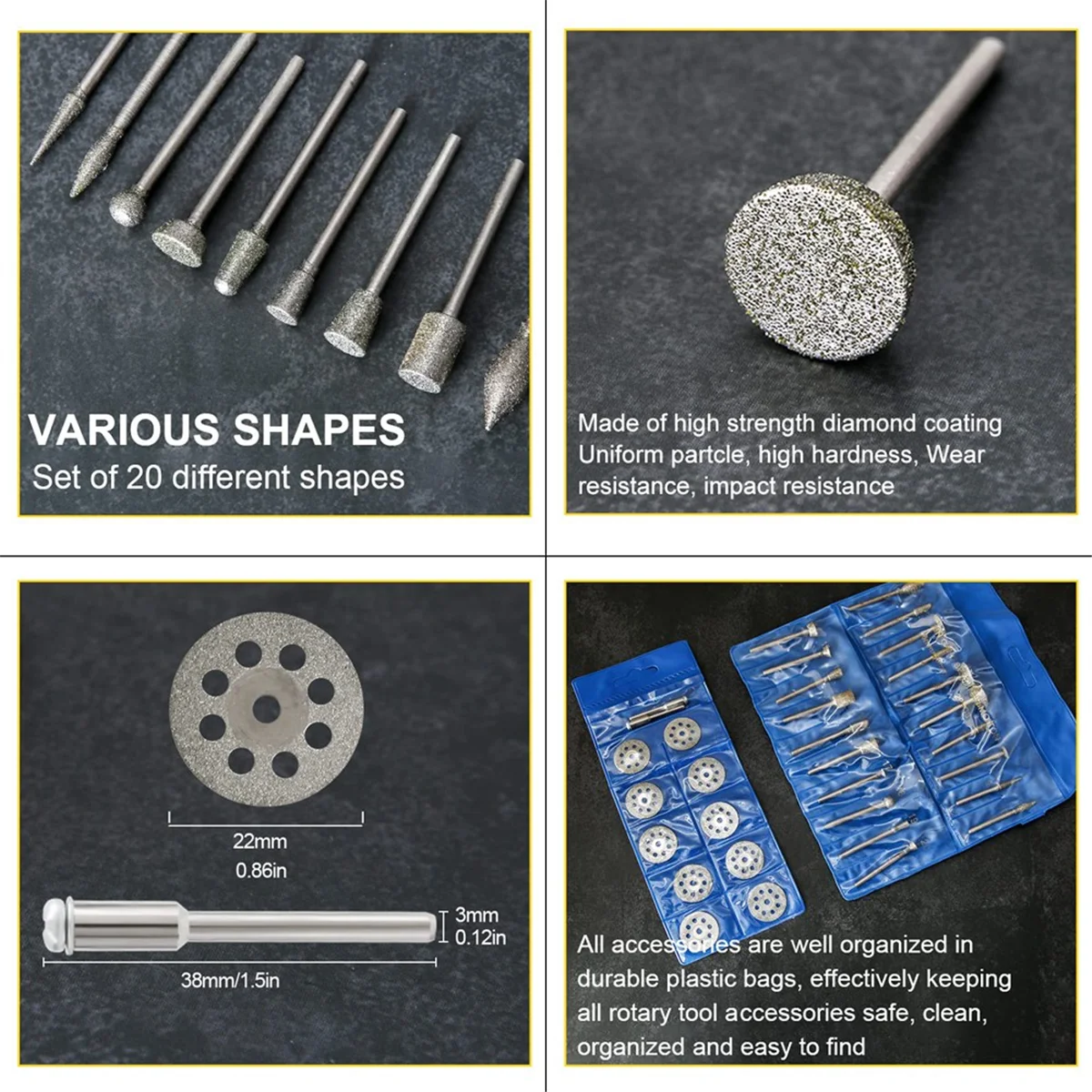 

AT53 Diamond Burr Set, Rotary Tool Grinding Cutting Wheel Stone Glass Tile Jewelry Engraving Rock Masonry 1/8 inch