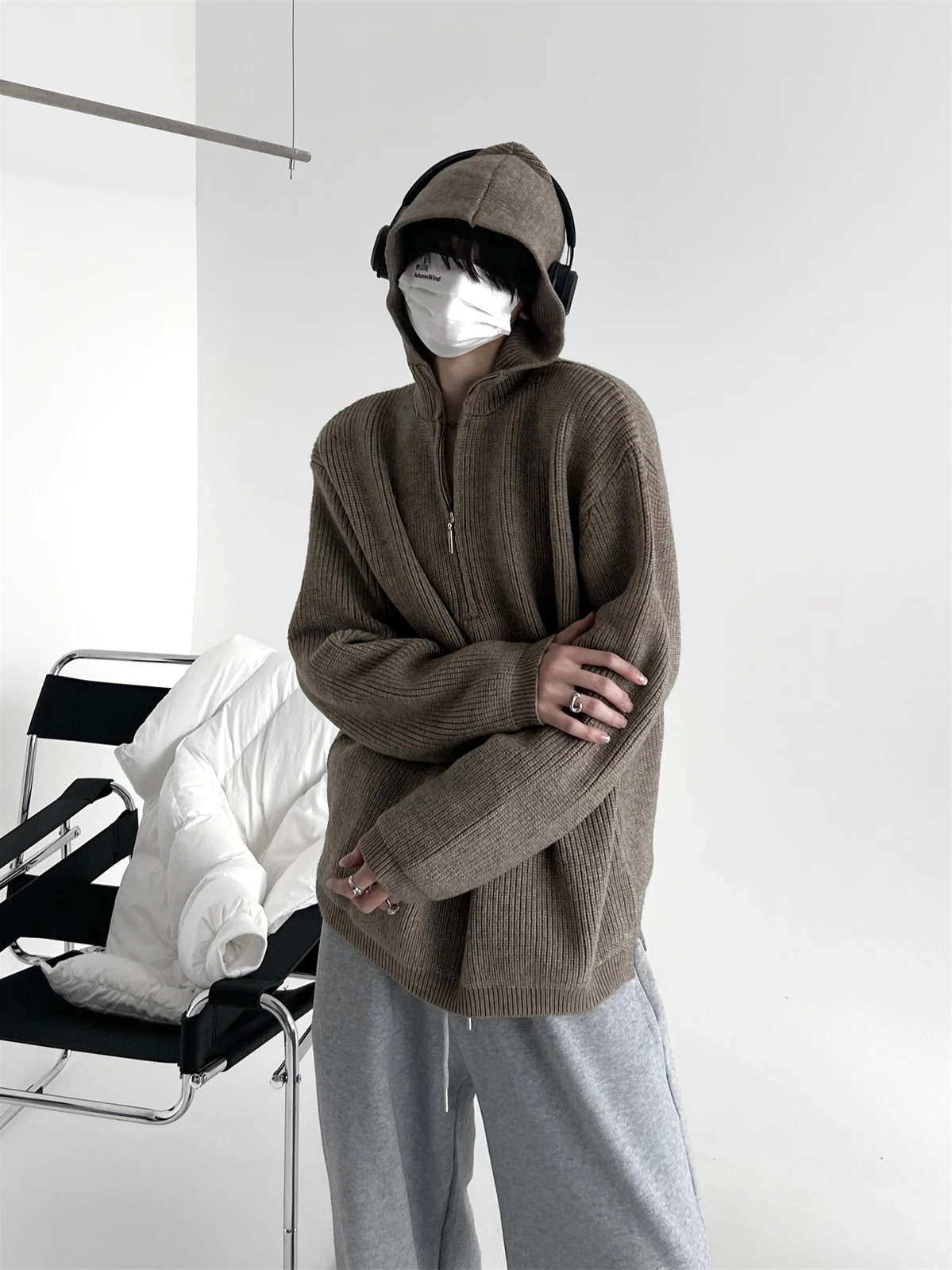 Lazy Men's Knitted Hoodie Sweater Half Zip Cleanfi Autumn Mountain Wind Casual Loose Fit Long Sleeve Breathable Comfortable