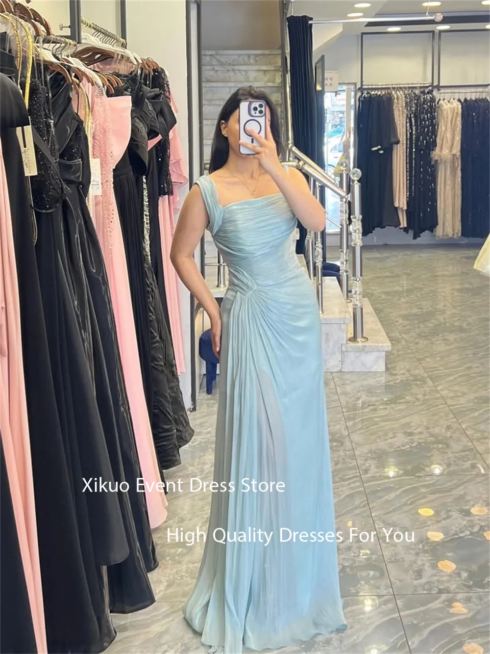 Xikuo Girly A Line Sleeveless Prom Gown Pink Pleated Vestido De Noche Spaghetti Strap Summer Party Pink Evening Dress Customized