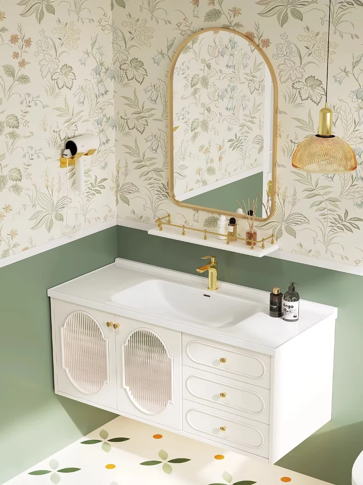 

French cream wind oak paint ceramic integrated basin intelligent combination toilet bathroom cabinet