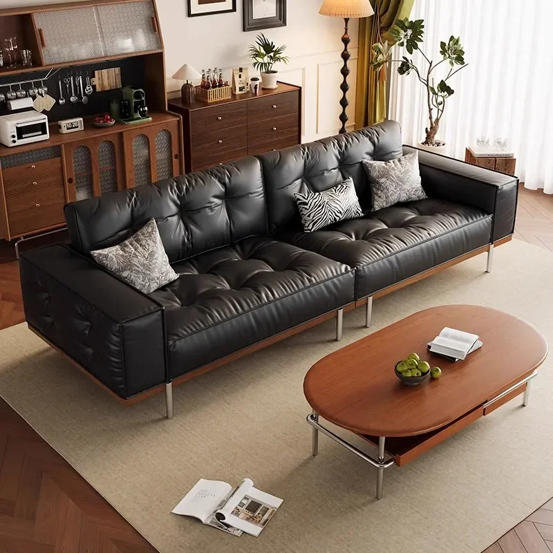 Italian Retro First Layer Leather Sofa Living Room 2025 New Straight Row Small Apartment Three Or Four Seater Black Antique