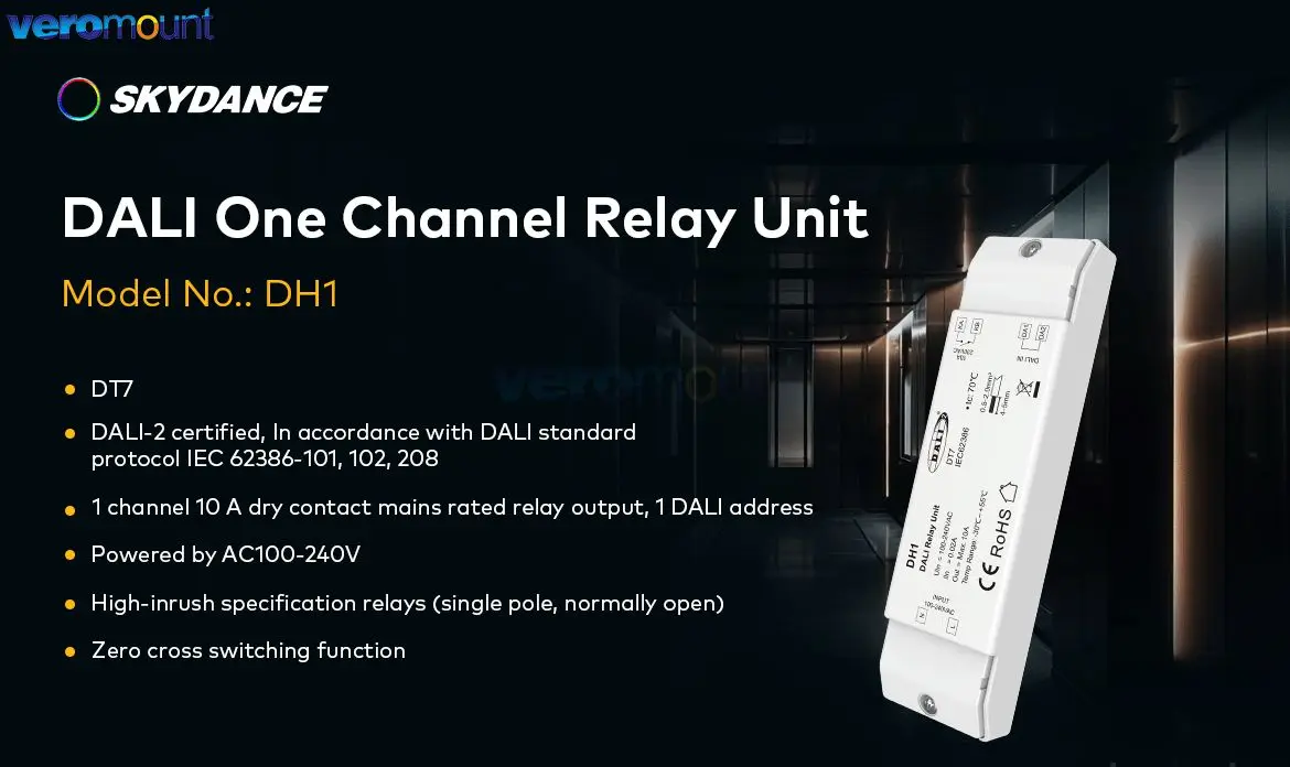 Skydance DH1 AC110V 220V DALI Relay Unit 1CH*10A Switch Dimmer 1 Channel DT7 DALI-2 Certified Dry Contact Output For LED Lights