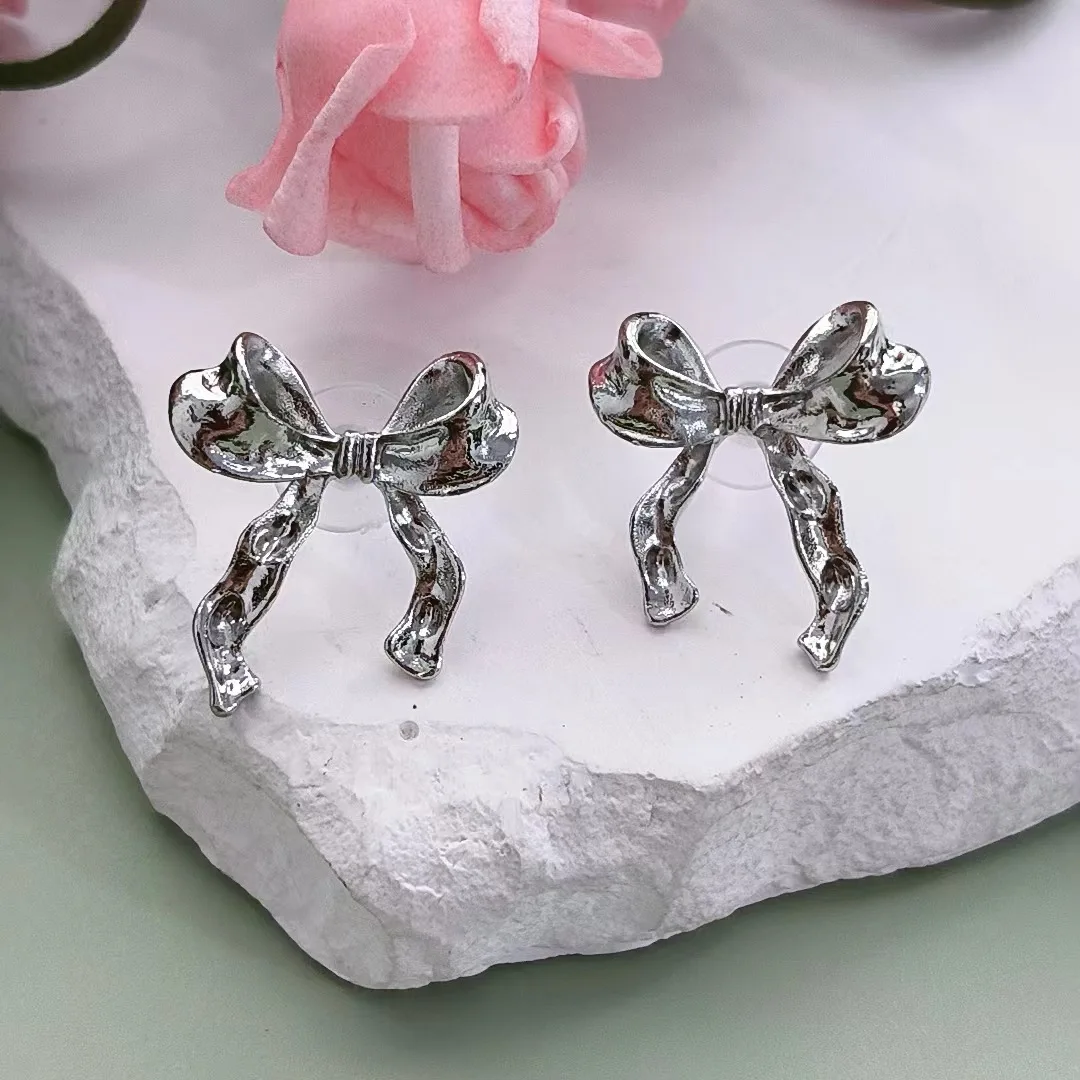 KADRUFI Korean Fashion Ribbon Bow-knot Earrings for Women Cute Bow Metal Stud Earring Girls Charm Wedding Party Jewelry Gift