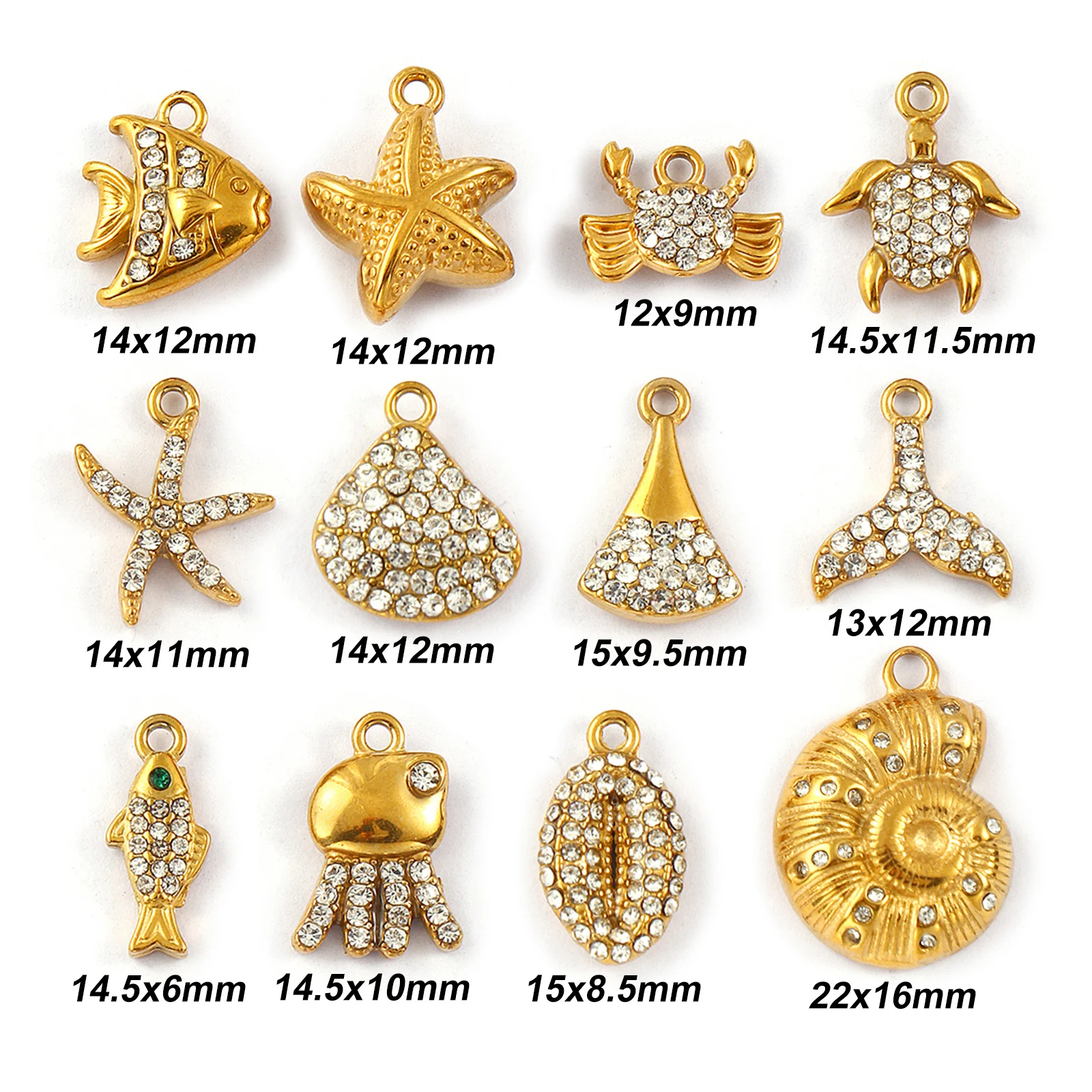 2pcs Stainless Steel Charms Gold Color Fish Shell Tortoise Animal Micro Pave Rhinestone Pendants DIY Women Necklace Jewelry Gift