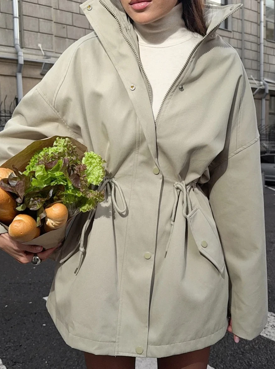 

Women's Stand Collar Mid length Trench Coat Drawstring Waist New Autumn Winter Coats Cotton Outer Jacket