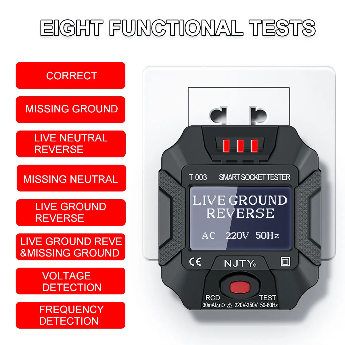 NJTY Socket Tester Live Wire Detect Outlet Detector EU UK US Plug Ground Zero Line Polarity Phase Check Digital AC Voltage Test