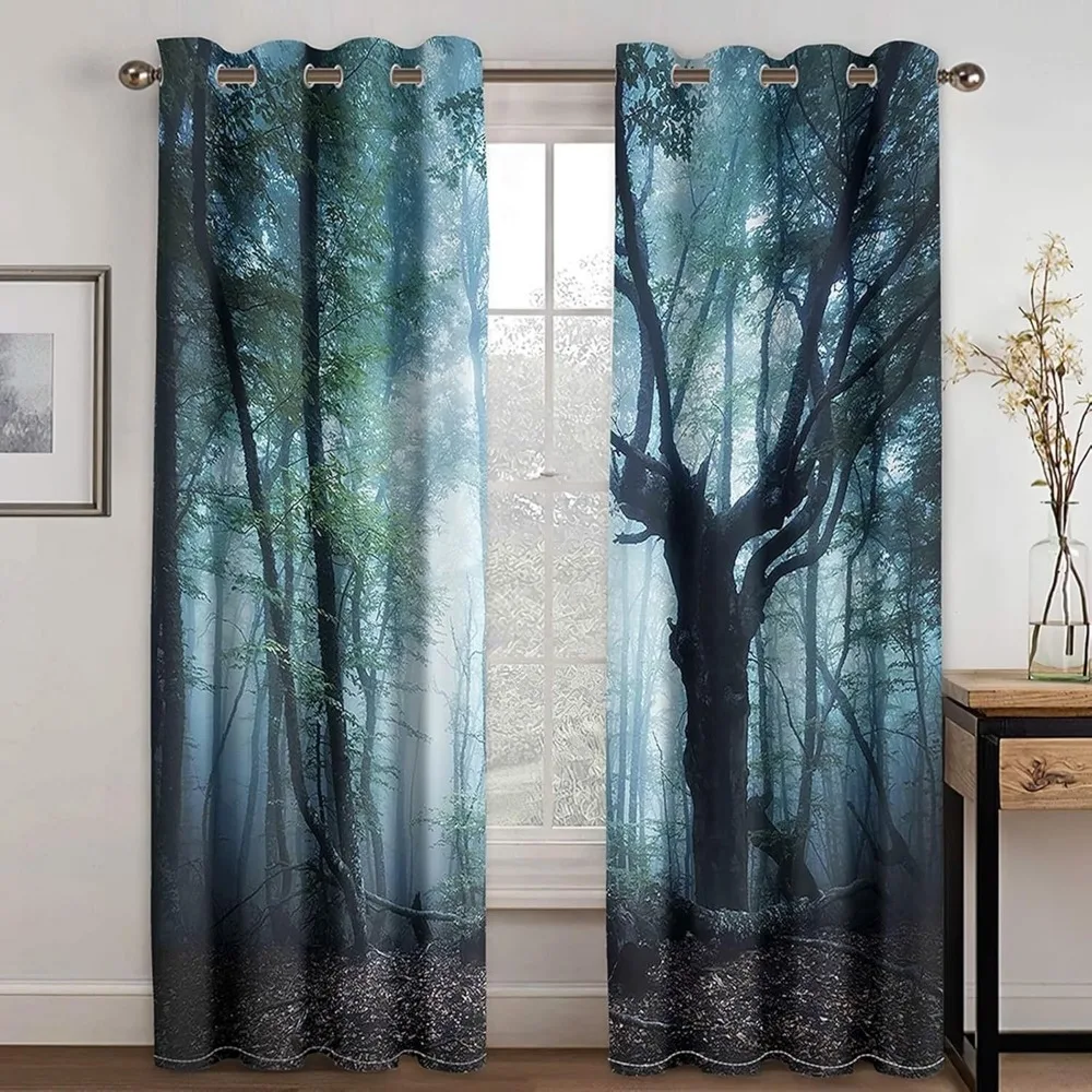 Cortinas transparentes de poliéster preto e verde com padrão de árvore psicodélica, 92 x 90, conjunto de 2