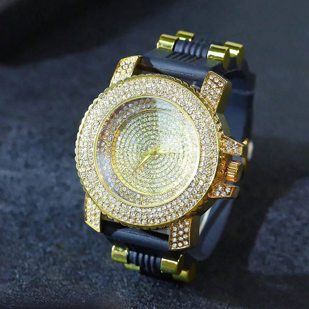 Stylish Men Real Gold Plating Watch Hip Hop Golden Luxury Diamond Accents Fashion Sports Elegant Gift Daily Wear Jewelry Rapper