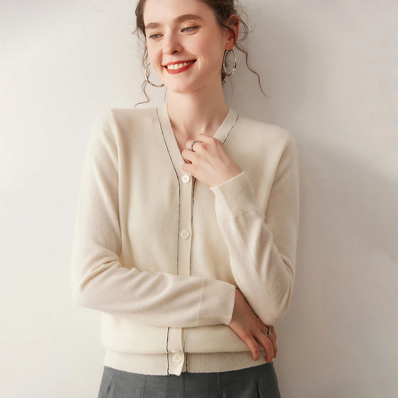 

2025 New Chic Long Sleeve Solid Cardigan Women Contrast Sweater 100% Pure Cashmere O-Neck Casual Spring Autumn Winter Knitwear