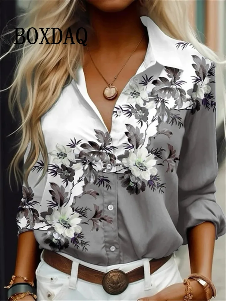 2024 Women\'s Shirt Blouses Flowers Printing Button Loose Long Sleeve Tops Casual Elegant Fashion Lapel Spring Autumn Lady Blouse