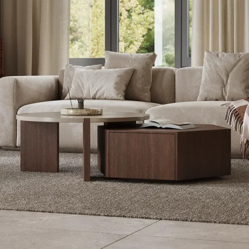 for High End Design Sense 2 Piece Set Wooden Polygonal Coffee Table Suitable for Dining Table Living Room Cross Border