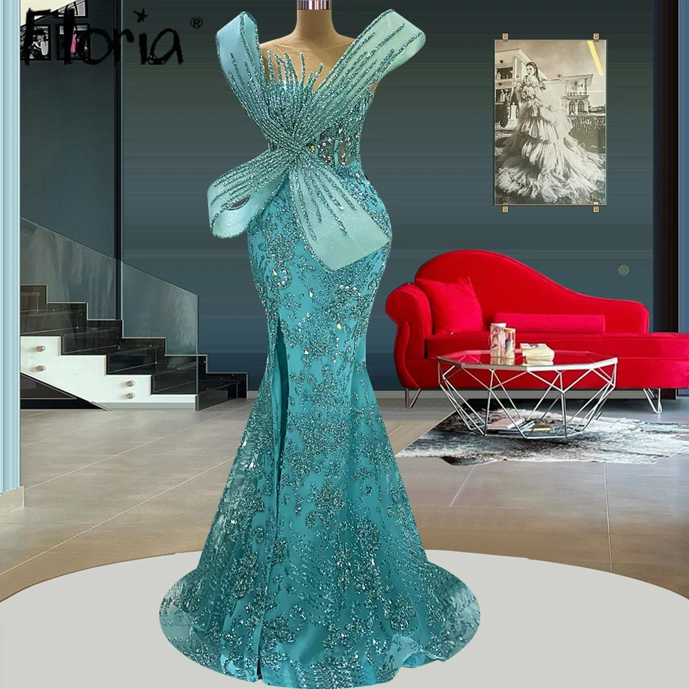 Floria Turquoise Luxury Evening Dresses High Slit Embroidery Formal Prom Dresses Wedding Party Gowns Aso Ebi  Robe Soirée Female