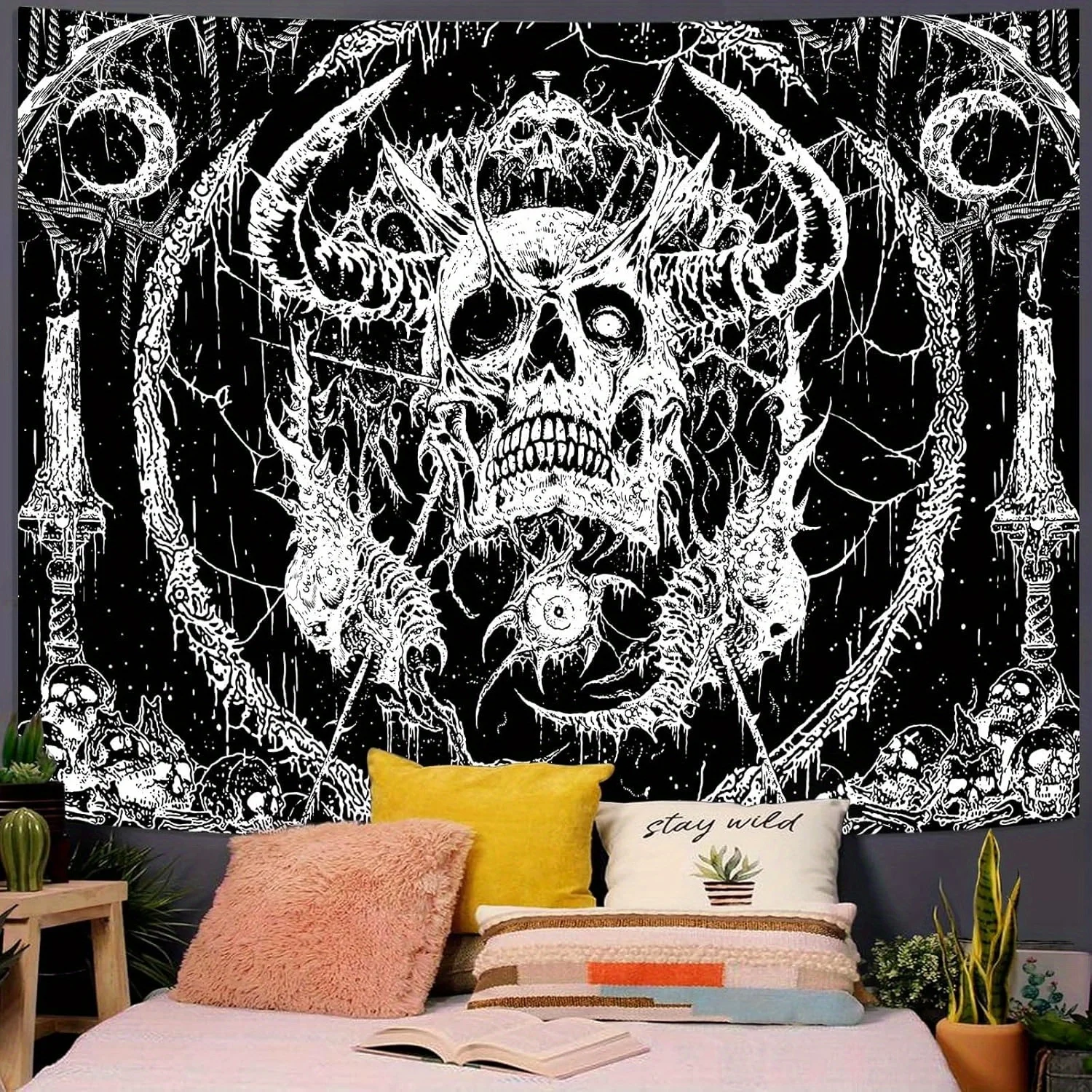 Gothic Skull Tapestry - Black & White Horned Skeleton with Twisted Vines, Occult Wall Art for Bedroom/Living Room Decor