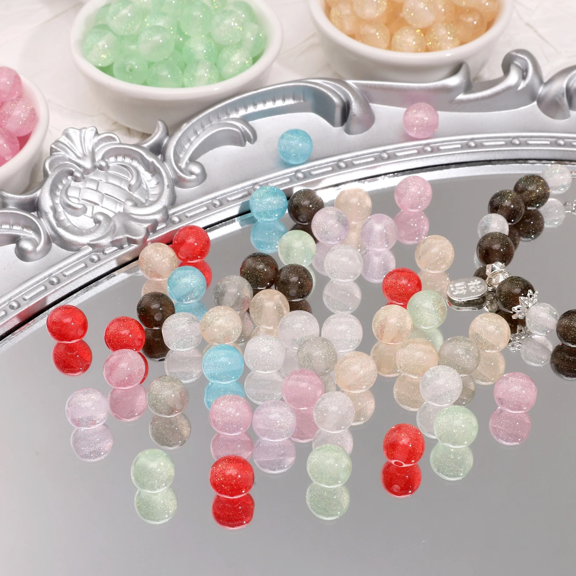 

10pcs 8/10mm Glitter Resin Spacer Beads Round Colored Loose Beads For DIY Jewelry Making Necklace Bracelet Craft Accessories