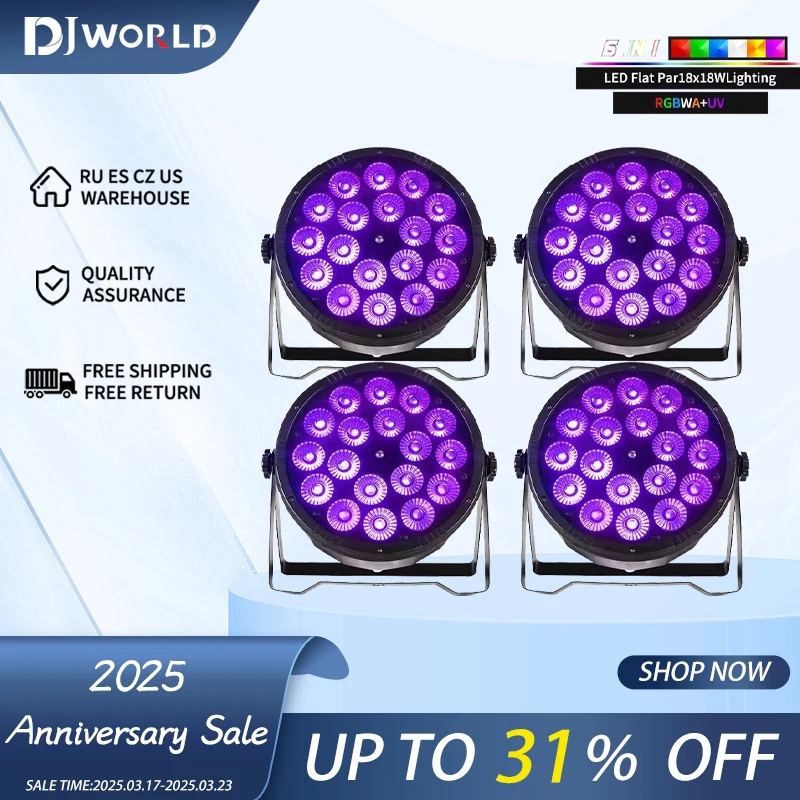 LED 파 라이트, RGBWA UV 6 인 1 플랫 파 라이트, DMX512 전문 무대 조명 장비, 디스코 파티 바, 18x18w, 4 개 세트